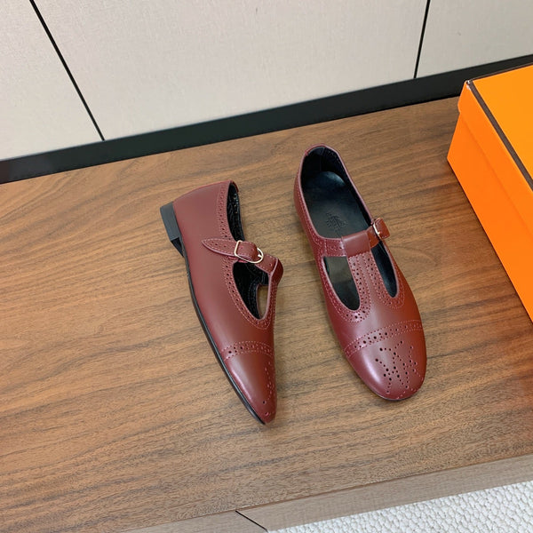 HM Nectar Ballet Flats H Lift Perforations T-Strap Burgundy Leather 111177