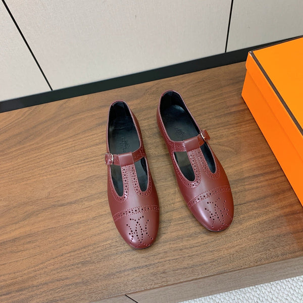 HM Nectar Ballet Flats H Lift Perforations T-Strap Burgundy Leather 111177