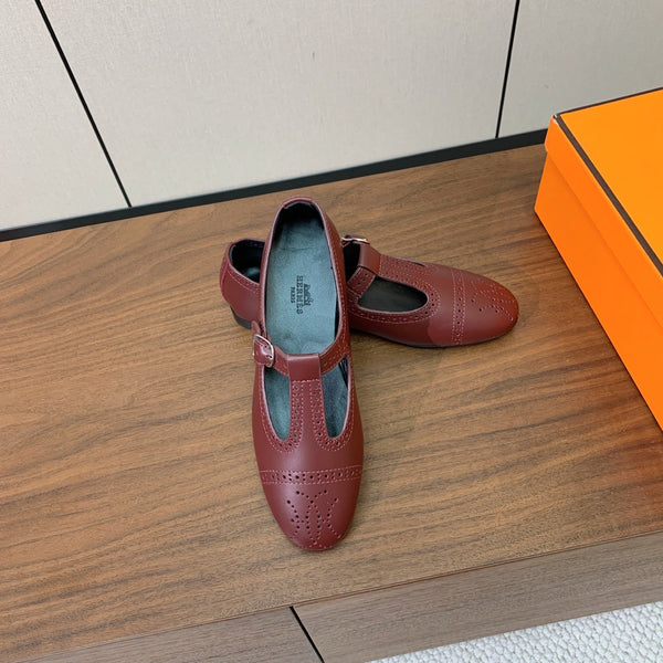 HM Nectar Ballet Flats H Lift Perforations T-Strap Burgundy Leather 111177