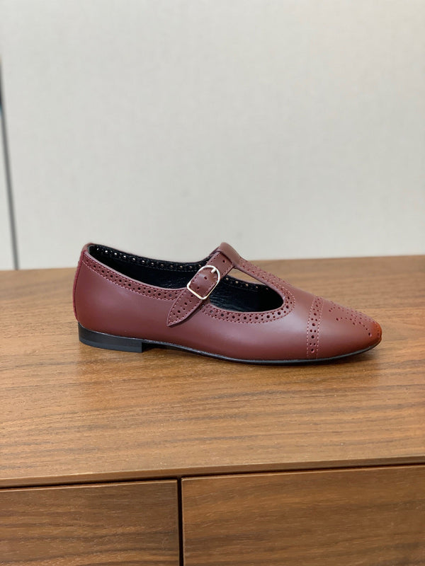 HM Nectar Ballet Flats H Lift Perforations T-Strap Burgundy Leather 111177