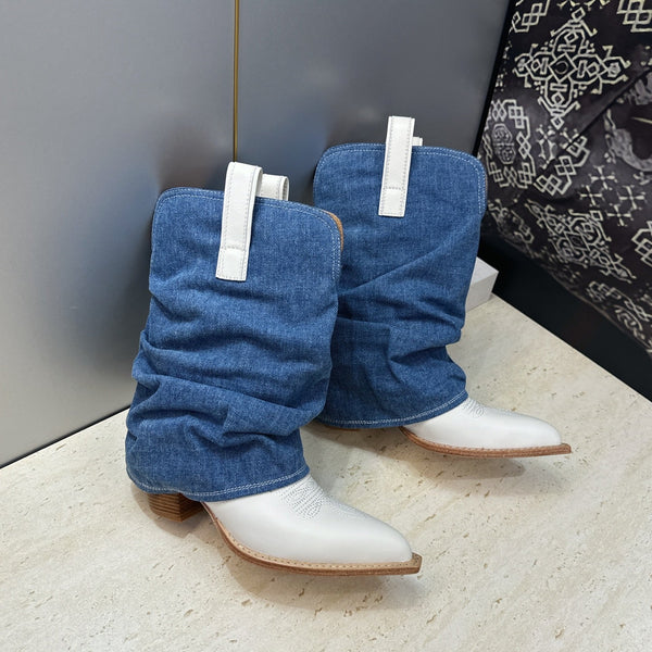 TR 26S Western Cowboy Boots 7cm White Blue Leather Denim 118533