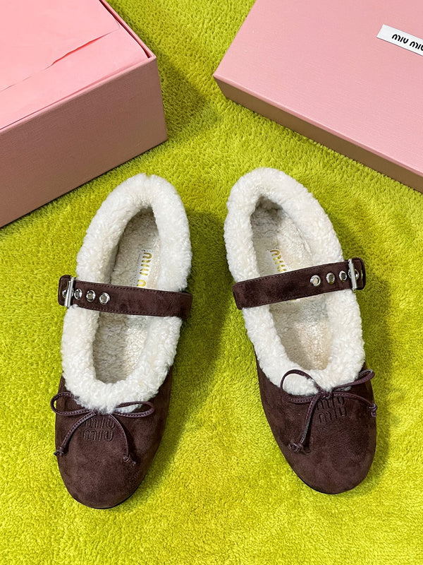 Miu Shearling Trim Mary Jane Flats Bow Detail Brown Suede 137208