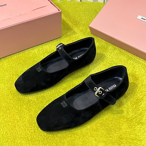 Miu 26S Mary Jane Flats Buckled Strap Logo Black Suede 137203