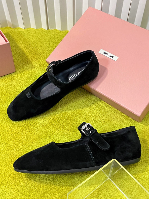 Miu 26S Mary Jane Flats Buckled Strap Logo Black Suede 137203