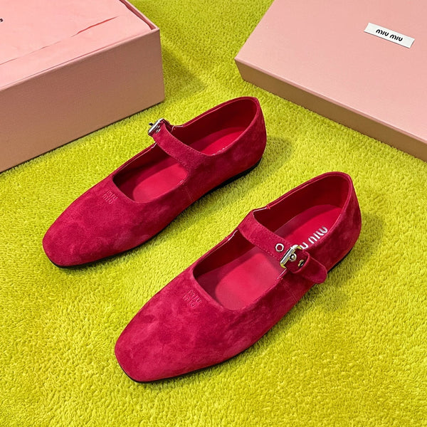 Miu 26S Mary Jane Flats Buckled Strap Logo Red Suede 137198