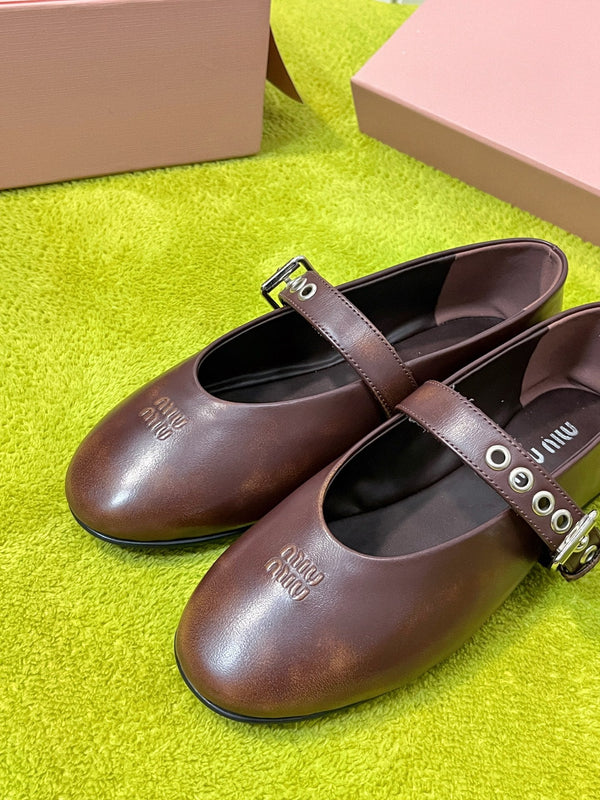 Miu 26S Mary Jane Ballerina Flats Buckle Brown Cowhide 137197