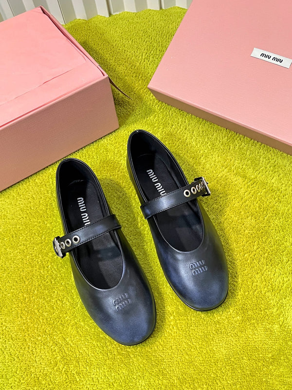 Miu 26S Mary Jane Ballerina Flats Buckle Black Blue Cowhide 137195