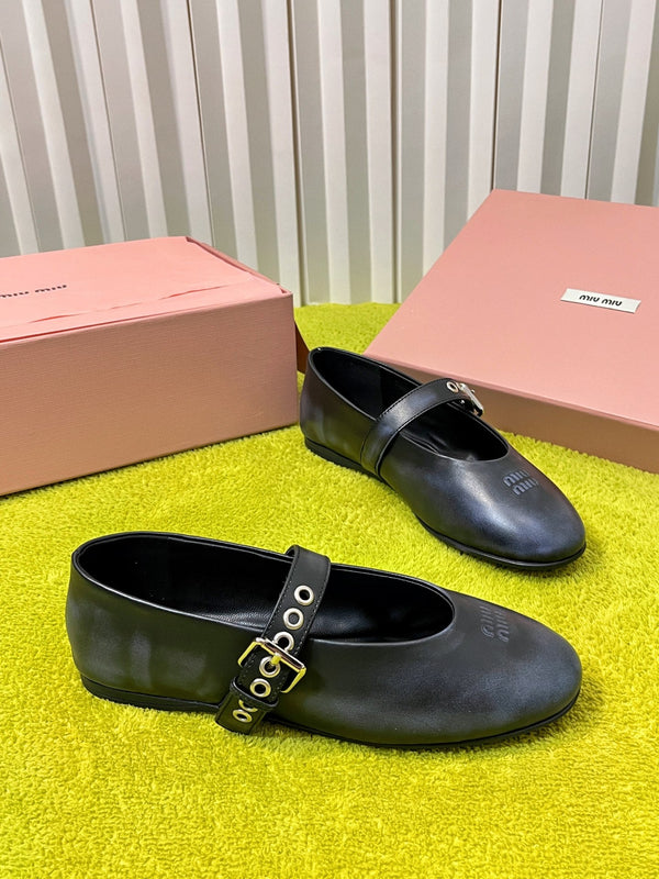 Miu 26S Mary Jane Ballerina Flats Buckle Black Blue Cowhide 137195