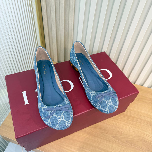 GG 26S Horsebit Ballet Flats Bow Detail Blue GG Canvas 141311