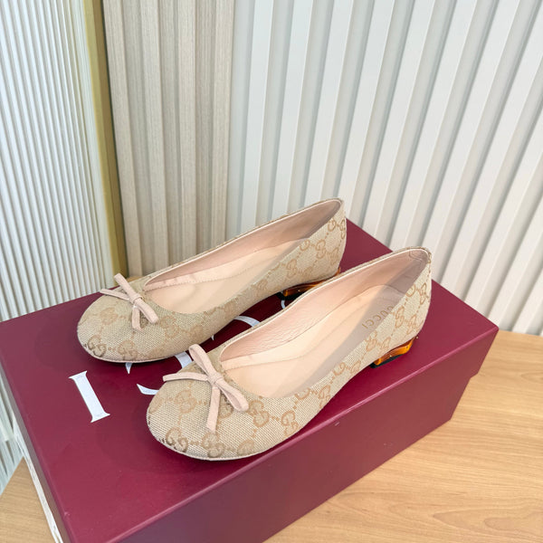 GG 26S Horsebit Ballet Flats Bow Detail Beige GG Canvas 141310