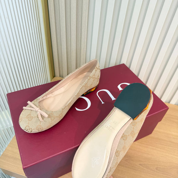 GG 26S Horsebit Ballet Flats Bow Detail Beige GG Canvas 141310