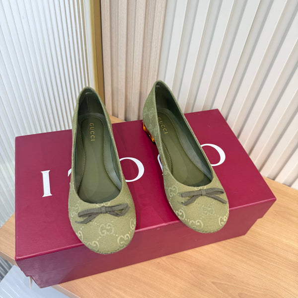 GG 26S Horsebit Ballet Flats Bow Detail Olive Green GG Canvas 141308