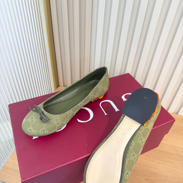 GG 26S Horsebit Ballet Flats Bow Detail Olive Green GG Canvas 141308
