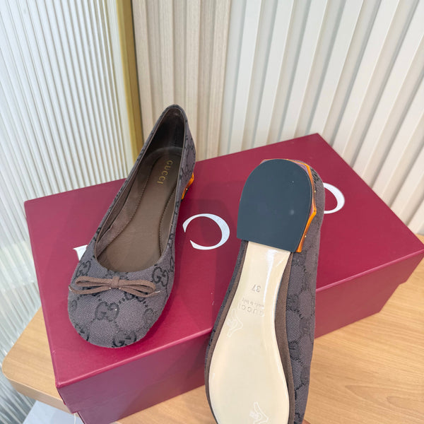 GG 26S Horsebit Ballet Flats Bow Detail Brown GG Canvas 141307