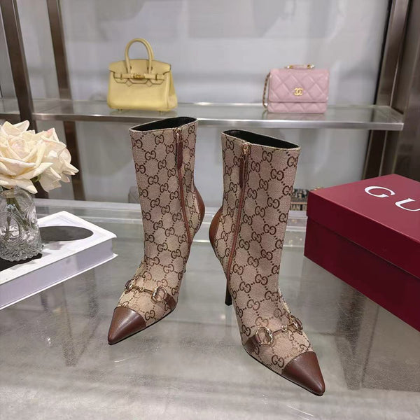 GG 26S Ankle Boots 10.5cm Horsebit Canvas Sand Brown Leather Toe Cap 41303