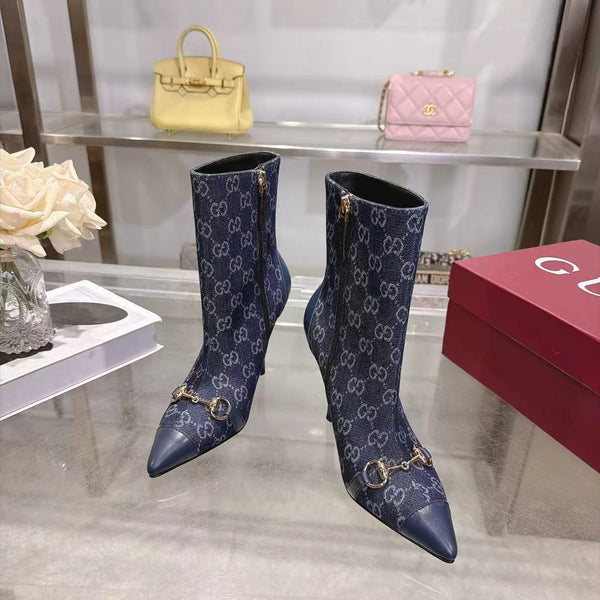 GG 26S Ankle Boots 10.5cm Horsebit Canvas Sand Dark Blue Leather Toe Cap 141300