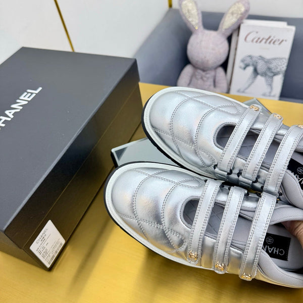 CC 26S Quilted Platform Sneakers Triple Velcro Straps Metallic Silver Leather 140248