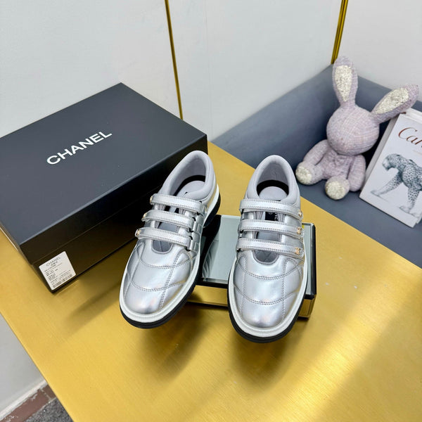 CC 26S Quilted Platform Sneakers Triple Velcro Straps Metallic Silver Leather 140248