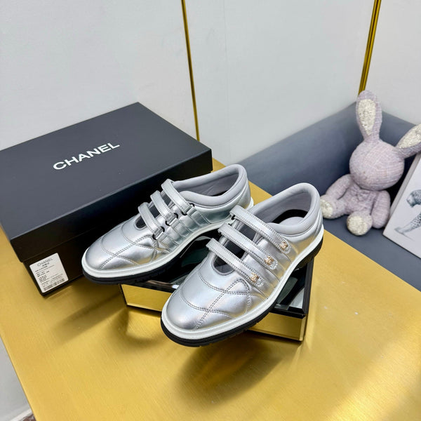 CC 26S Quilted Platform Sneakers Triple Velcro Straps Metallic Silver Leather 140248