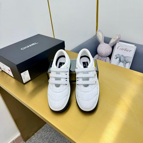CC 26S Quilted Platform Sneakers Triple Velcro Straps White Leather 140246