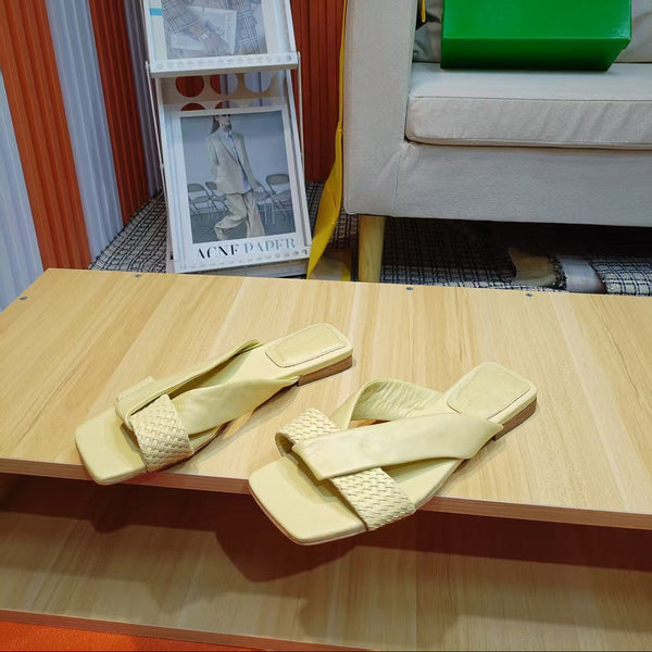 BV Riva Sandals  Flat Woven Light Yellow Leather 139879
