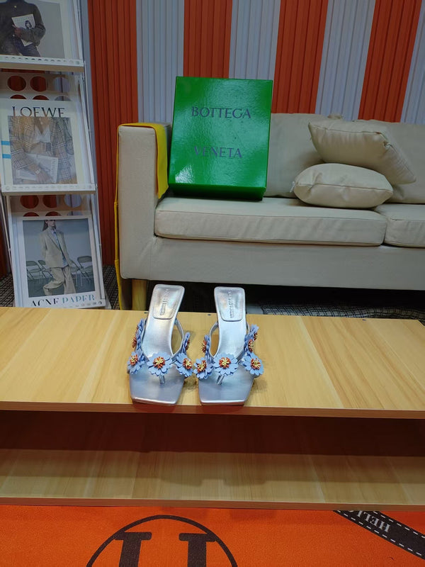BV Riva Thong Floral Sandals 9CM Blue Silver Leather 139870