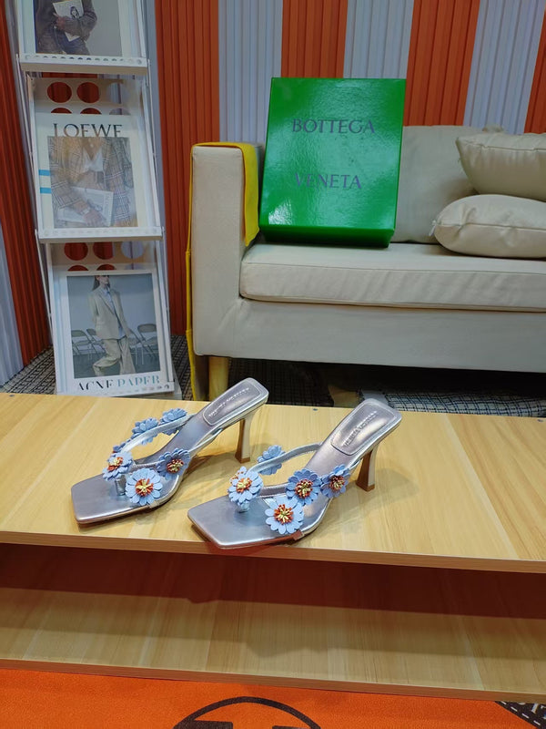 BV Riva Thong Floral Sandals 9CM Blue Silver Leather 139870