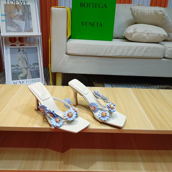 BV Riva Thong Floral Sandals 9CM Blue White Leather 139868