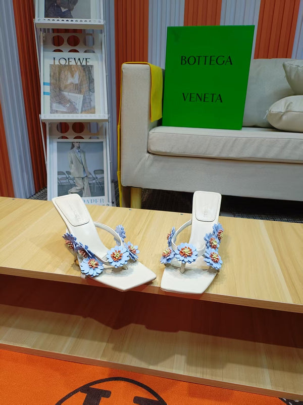 BV Riva Thong Floral Sandals 9CM Blue White Leather 139868