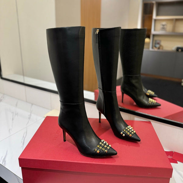 VLTN Garavani 26W Rockstud High-Top Boots 8cm Stiletto Black Leather 145162