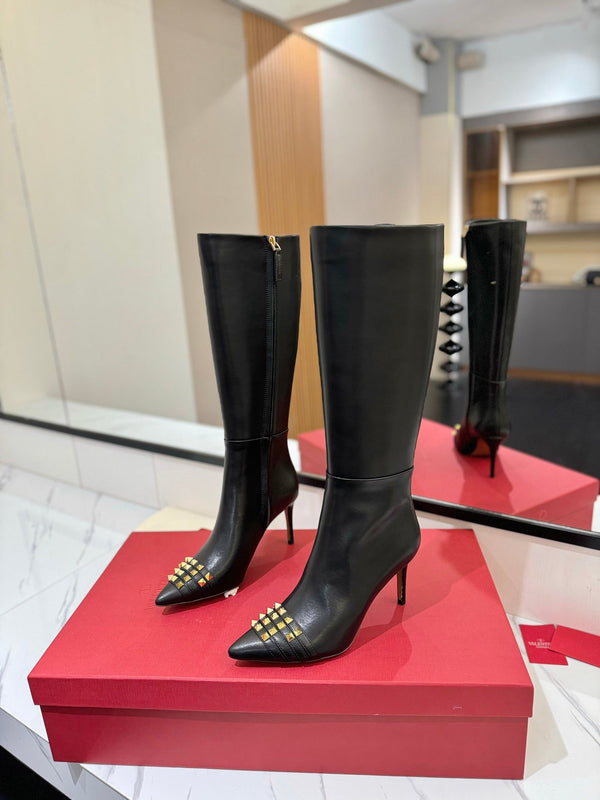 VLTN Garavani 26W Rockstud High-Top Boots 8cm Stiletto Black Leather 145162