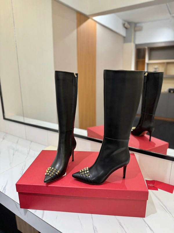 VLTN Garavani 26W Rockstud High-Top Boots 8cm Stiletto Black Leather 145162