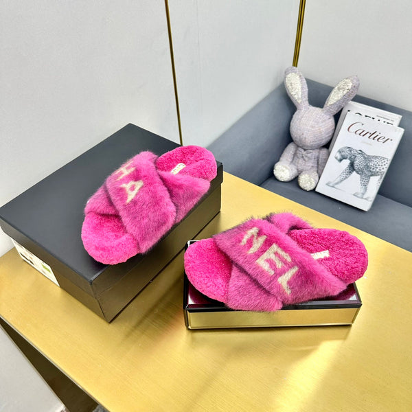 CC Cross Strap Slides Logo Faux Fur 139990