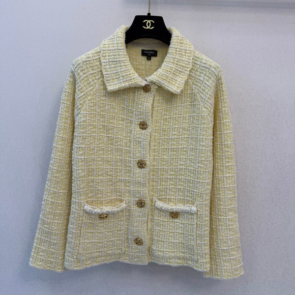 CC 26S Tweed Jacket Classic Collar Button Closure Flap Pockets Yellow Cotton 433640