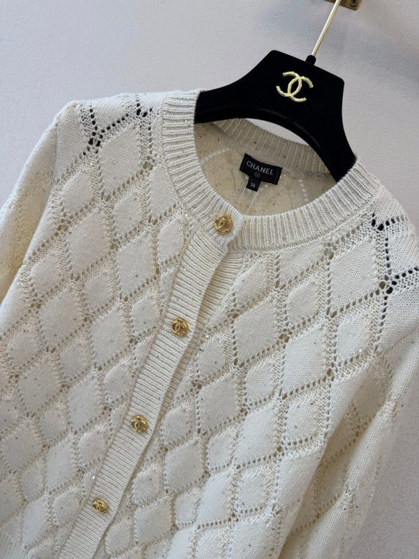 CC 26S Diamond Knit Cardigan Gold Buttons Off-White Cashmere 433642
