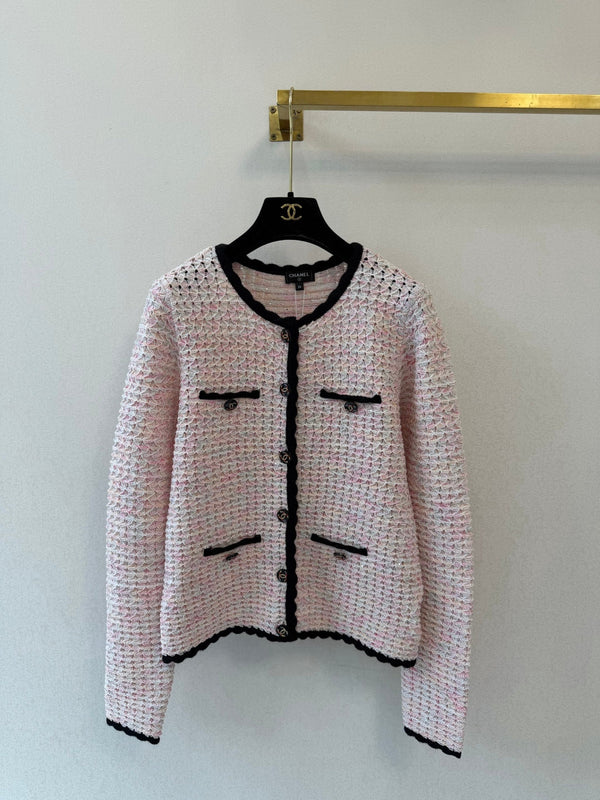 CC 26S Knit Tweed Cardigan Black Trim Front Pockets Cotton 433649