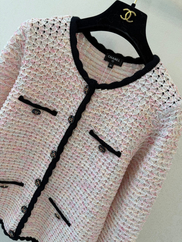 CC 26S Knit Tweed Cardigan Black Trim Front Pockets Cotton 433649
