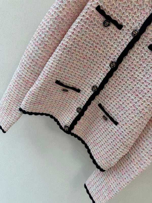 CC 26S Knit Tweed Cardigan Black Trim Front Pockets Cotton 433649