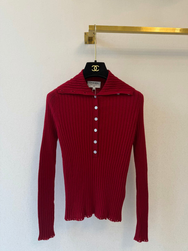 CC 26S Ribbed Knit Top Fold-Over Collar Button Placket Cashmere 433649