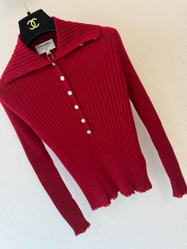 CC 26S Ribbed Knit Top Fold-Over Collar Button Placket Cashmere 433649