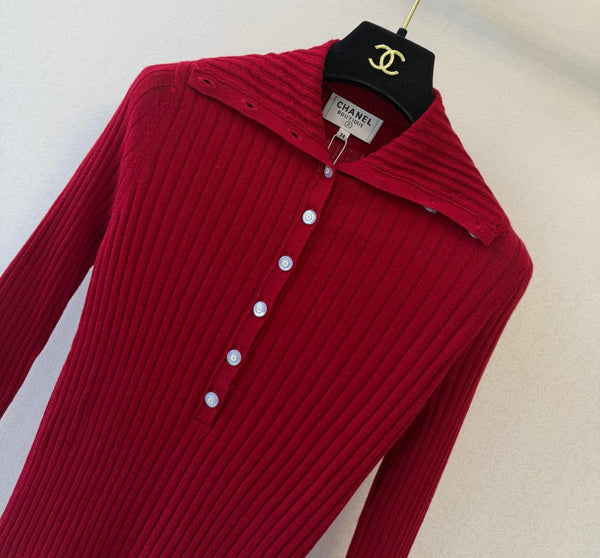 CC 26S Ribbed Knit Top Fold-Over Collar Button Placket Cashmere 433649