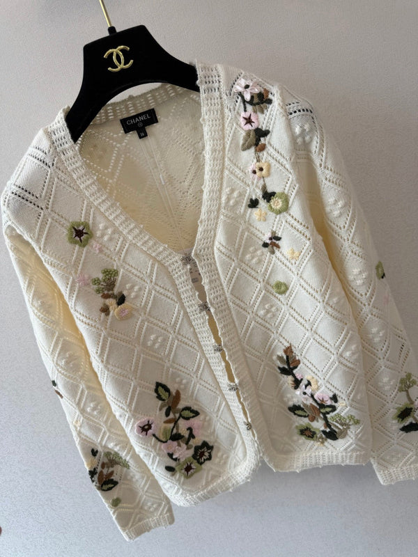 CC 26S Diamond Mesh Knit Cardigan Floral Embroidery Ivory Cashmere 433531