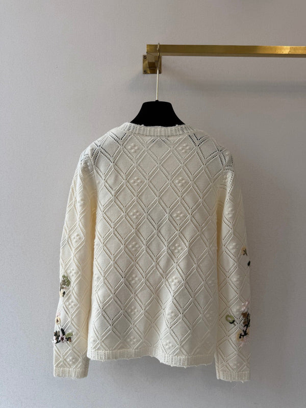 CC 26S Diamond Mesh Knit Cardigan Floral Embroidery Ivory Cashmere 433531