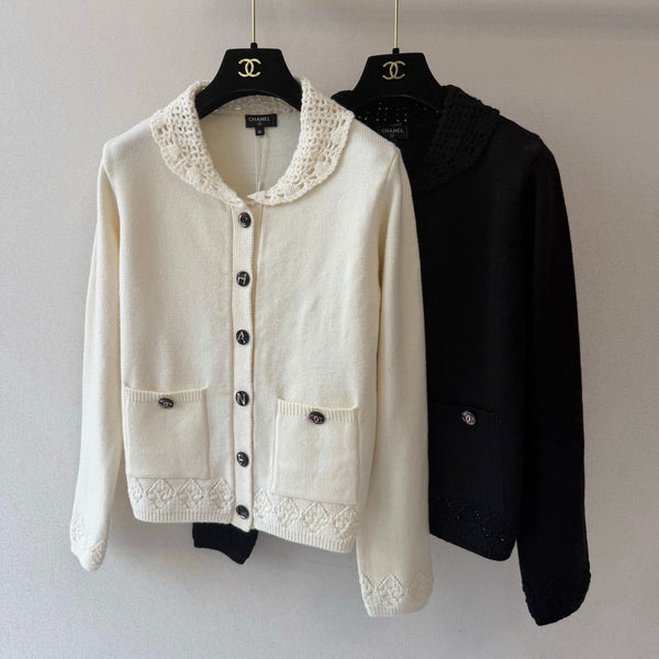 CC 26S Knit Cardigan Crocheted Collar Patch Pockets Cashmere 433527