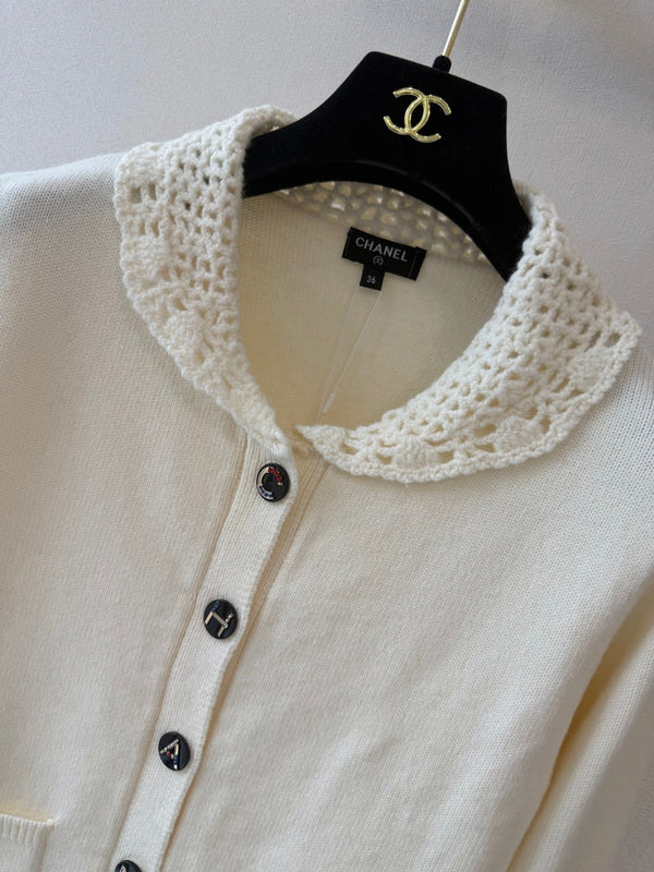 CC 26S Knit Cardigan Crocheted Collar Patch Pockets Cashmere 433527