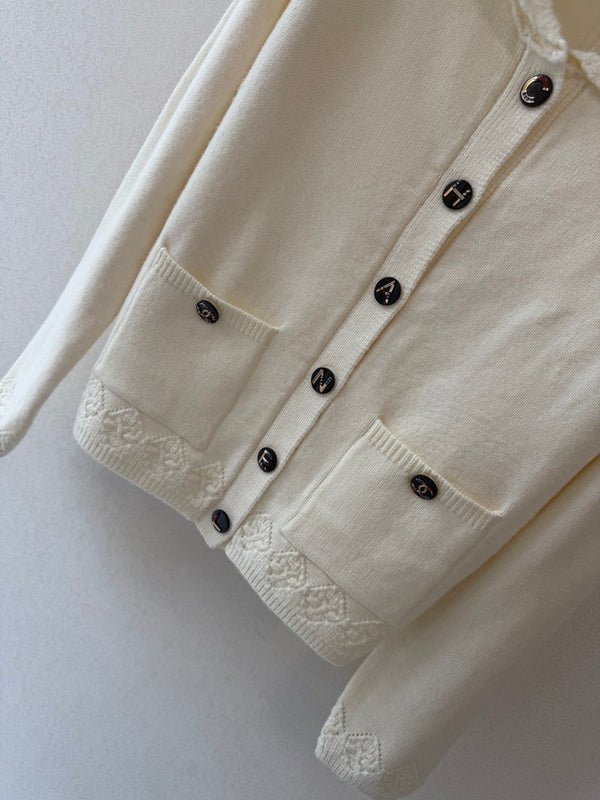 CC 26S Knit Cardigan Crocheted Collar Patch Pockets Cashmere 433527