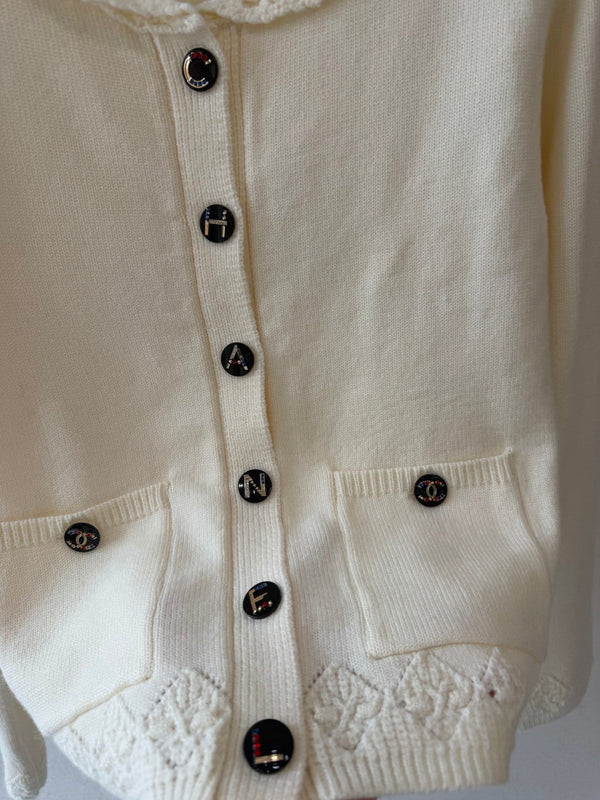 CC 26S Knit Cardigan Crocheted Collar Patch Pockets Cashmere 433527