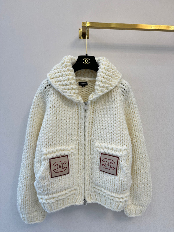 CC 26S Chunky Knit Zip-Up Cardigan Shawl Collar Pockets Cashmere 433509