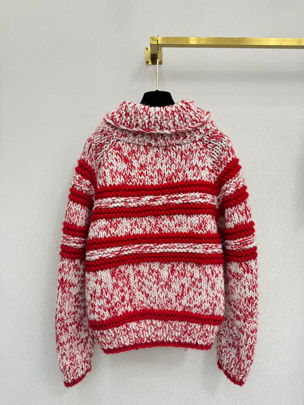 CC 26S Striped Knit Zip-Up Cardigan Shawl Collar Patch Pocket Cashmere 433499