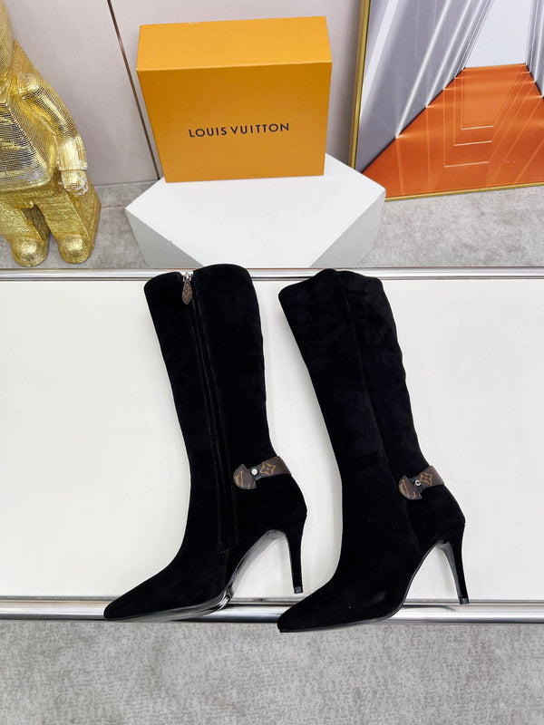 LV Tall Boots Pointed Toe Stiletto Black Suede 140785